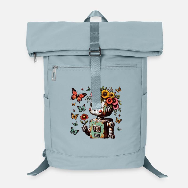 Enfant robot avec des fleurs, mignon, vintage Sac à dos ordinateur