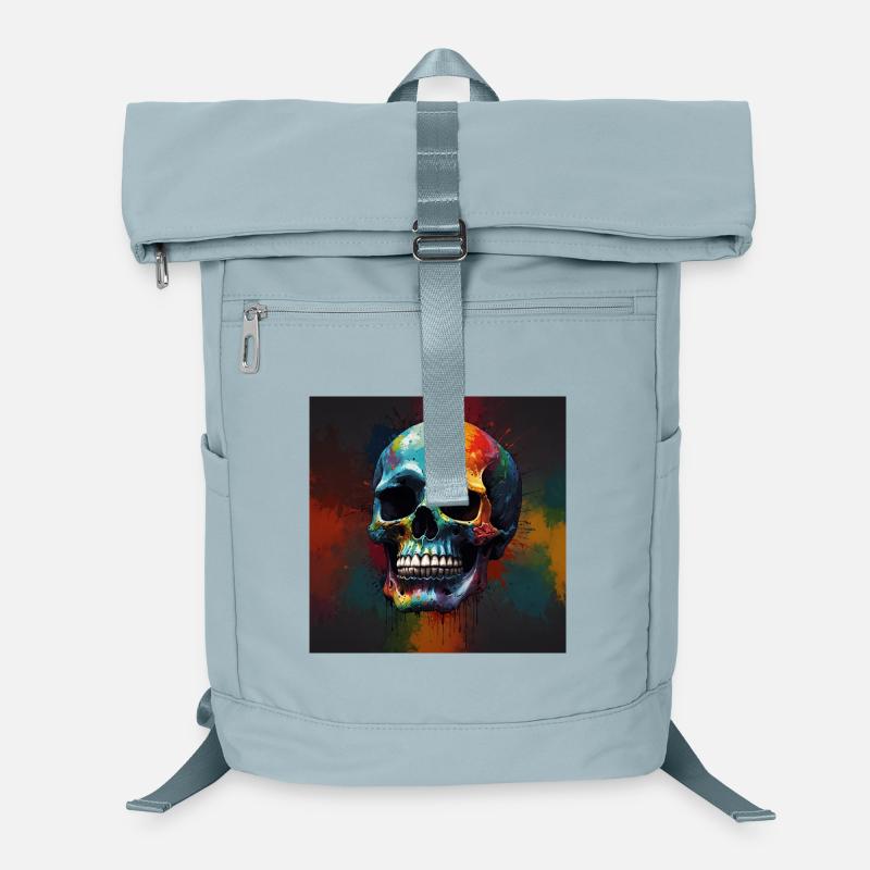 Bunte Totenmaske auf dem Hintergrund des Ausdrucks Laptop-Rucksack 
