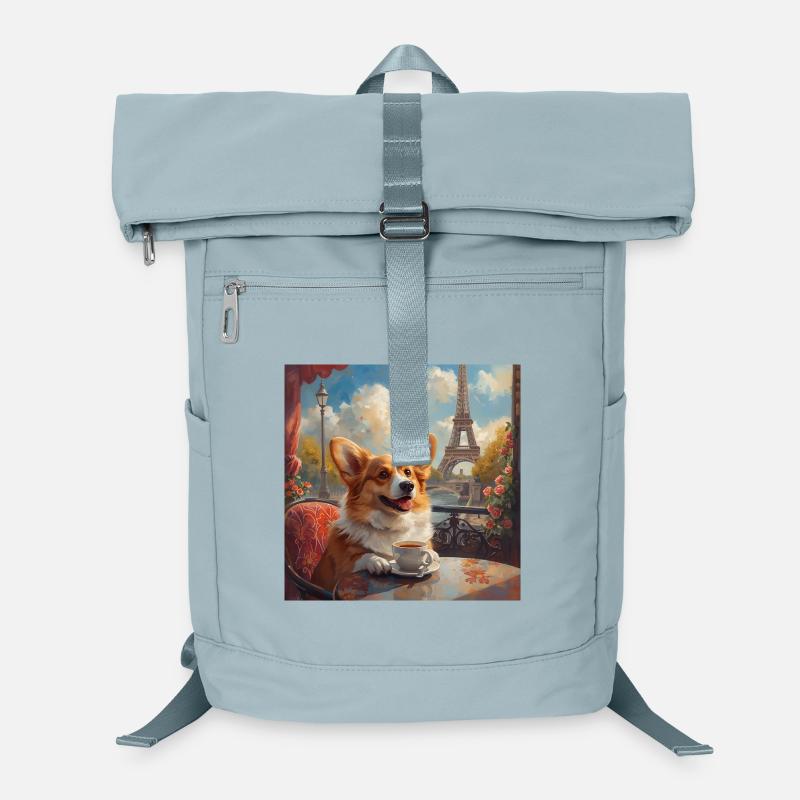 Corgi drinking coffee in front of the Eiffel Tower in Paris Laptop Backpack