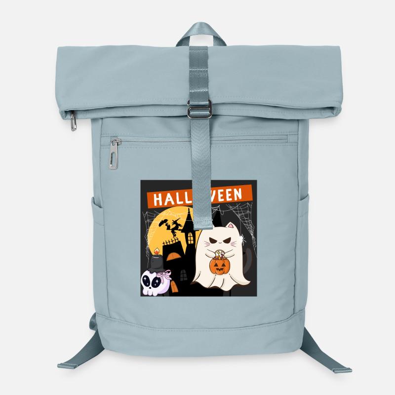 Kawaii Ghost Cat with a Halloween Pumpkin Laptop Backpack
