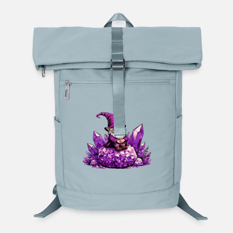 Gnome sitting on an Amethyst Crystal Laptop Backpack