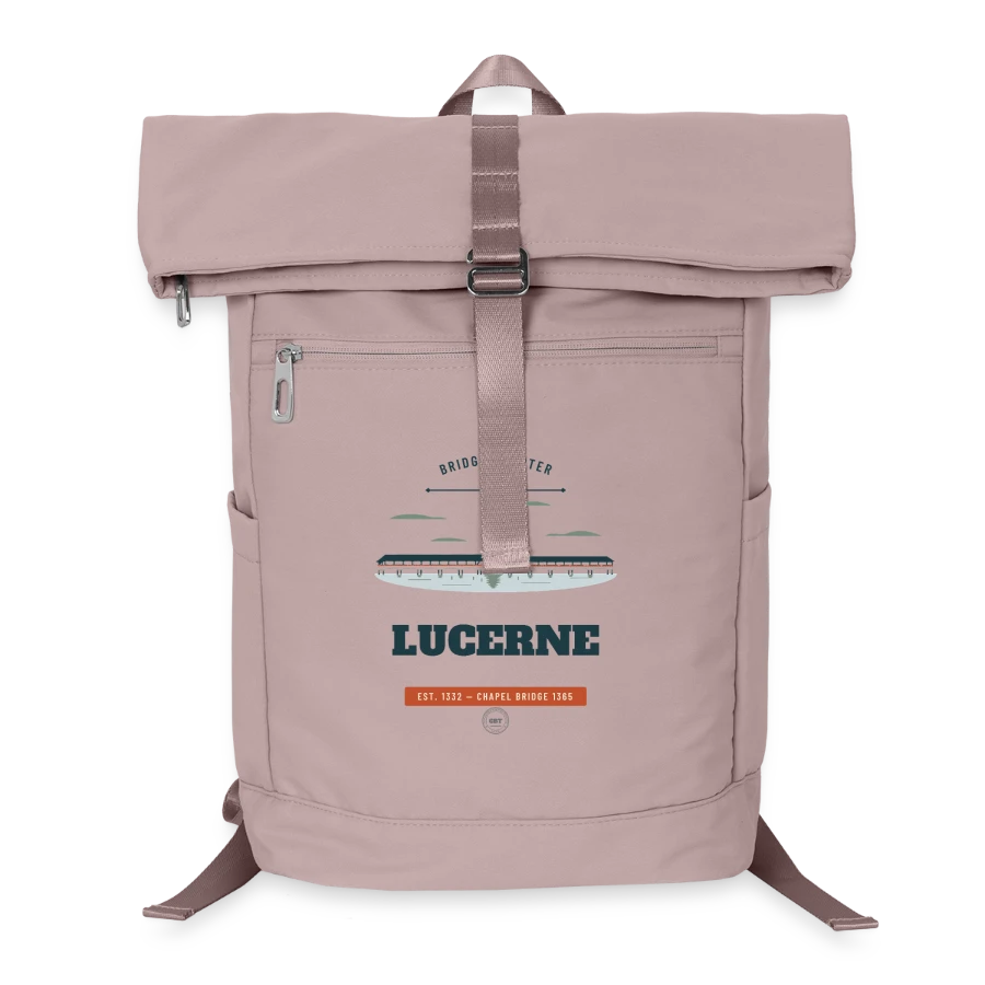 Lucerne badge on a laptop backpack, old pink 