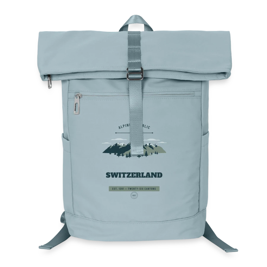 Switzerland badge on a laptop backpack, ice blue