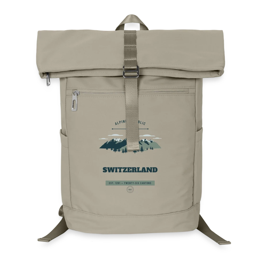 Switzerland badge on a laptop backpack, sand beige