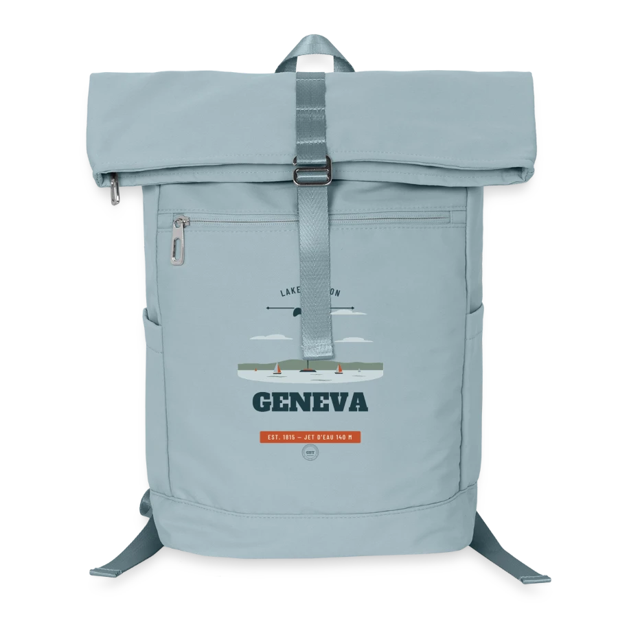 Geneva badge on a laptop backpack, ice blue
