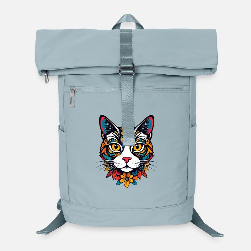 Colorful Cat Head with Floral Pattern Cat Motif Laptop Backpack