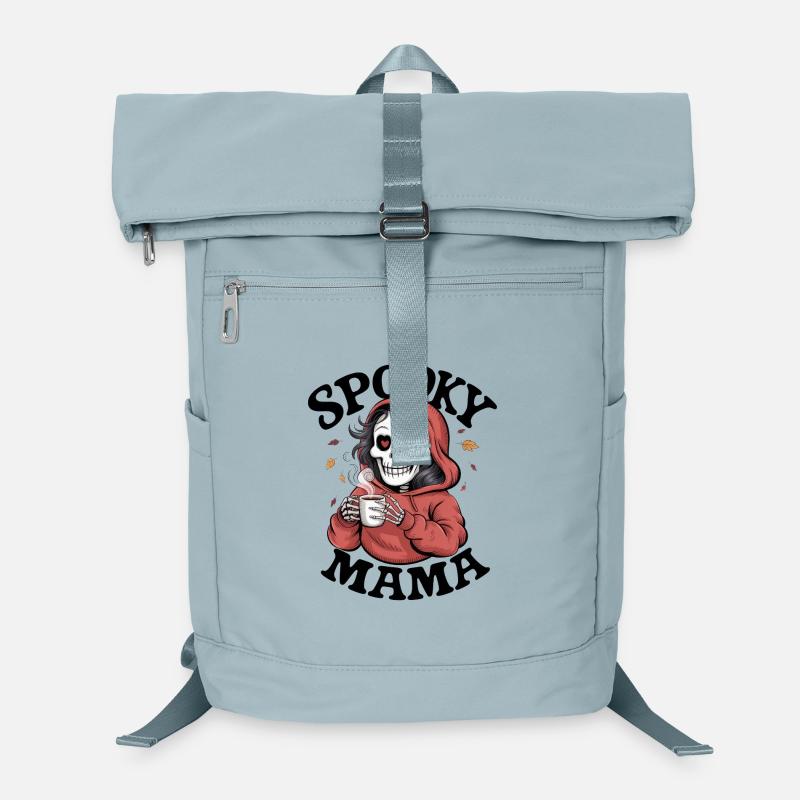 Skelett Frau im roten Kapuzenpullover mit Kaffee Laptop-Rucksack 