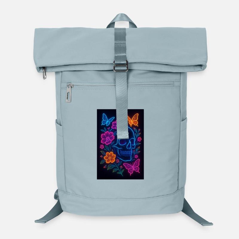 Crâne au néon avec des fleurs et des papillons Sac à dos ordinateur