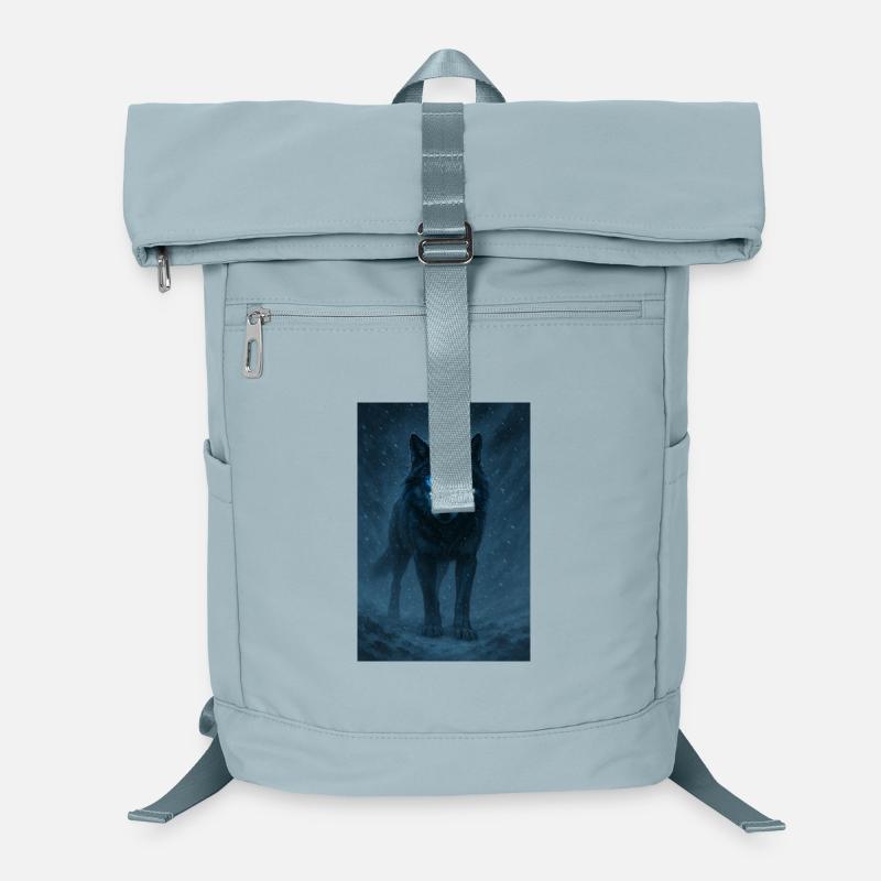 Blauäugiger Wolf in einem Schneesturm Laptop-Rucksack 