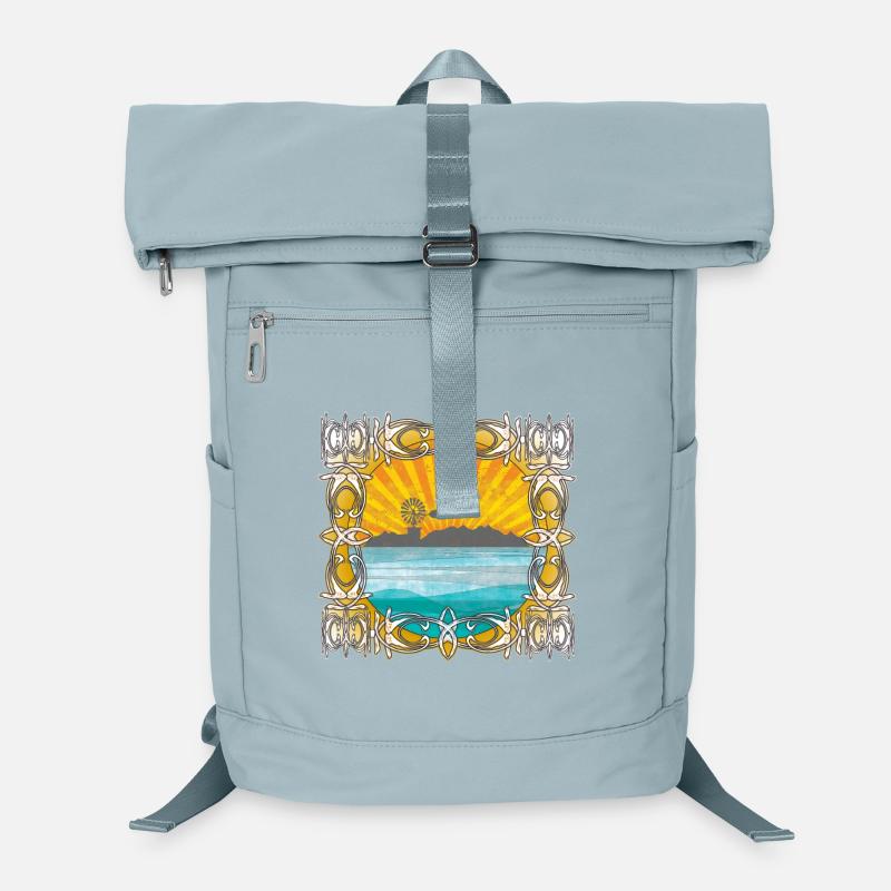 Lever de soleil au bord de la mer avec moulin à vent Sac à dos ordinateur
