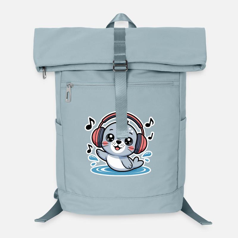 Joli phoque avec des écouteurs et des notes de musique Sac à dos ordinateur