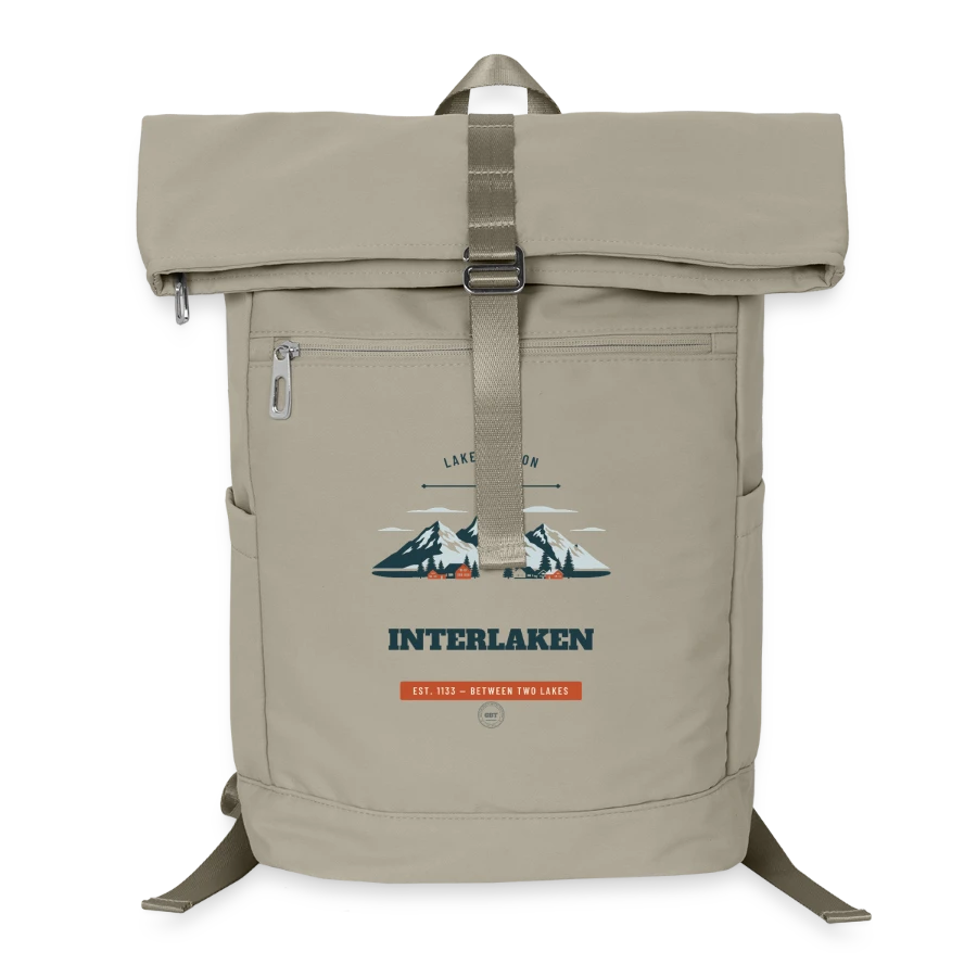 Interlaken badge on a laptop backpack, sand beige
