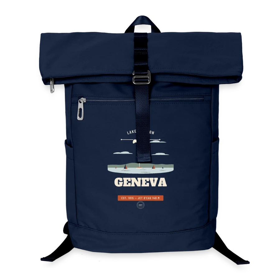 Geneva badge on a laptop backpack, navy