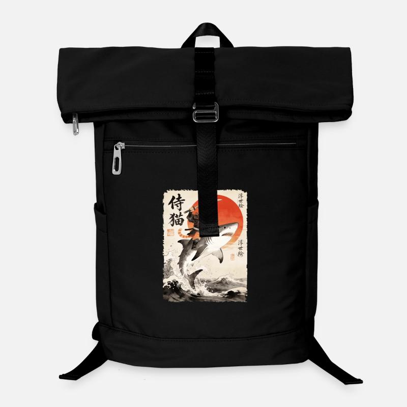 Chat samouraï, guerrier et combattant japonais, requin - Sac à dos ordinateur - noir