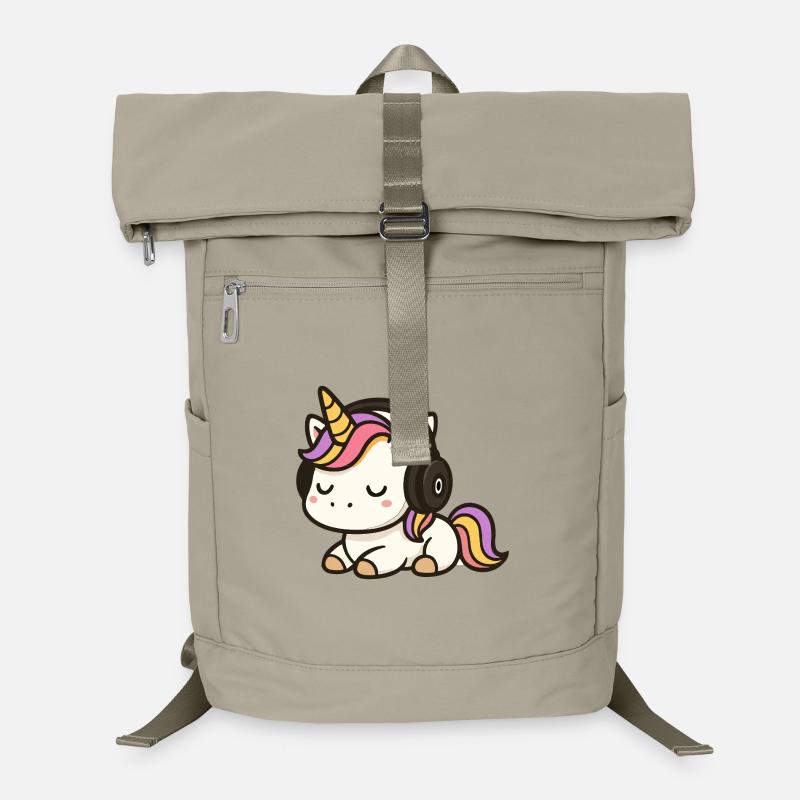 Niedlicher Einhorn-Cartoon mit schlafenden Kopfhörern Laptop-Rucksack 