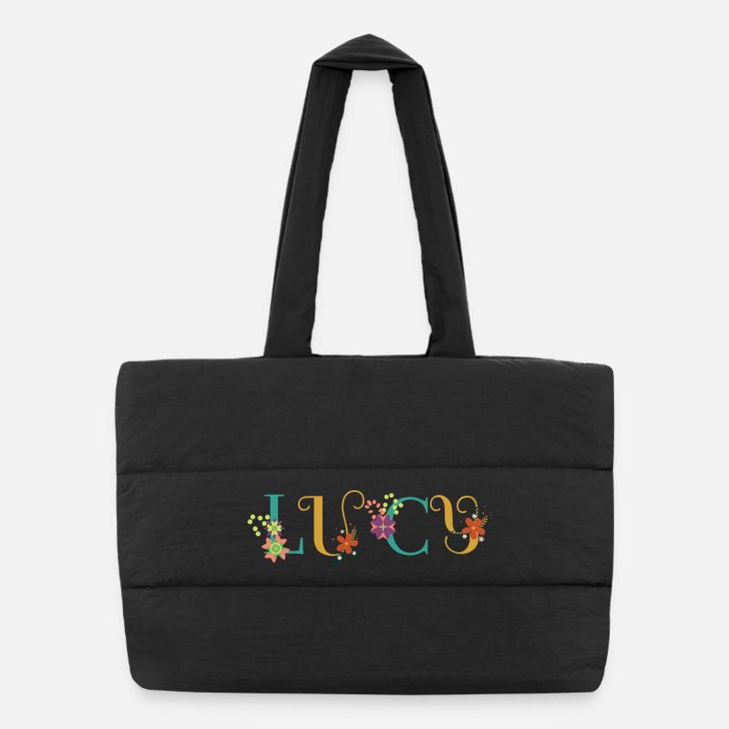 Art du nom LUCY avec des fleurs brodées Sac shopping matelassé