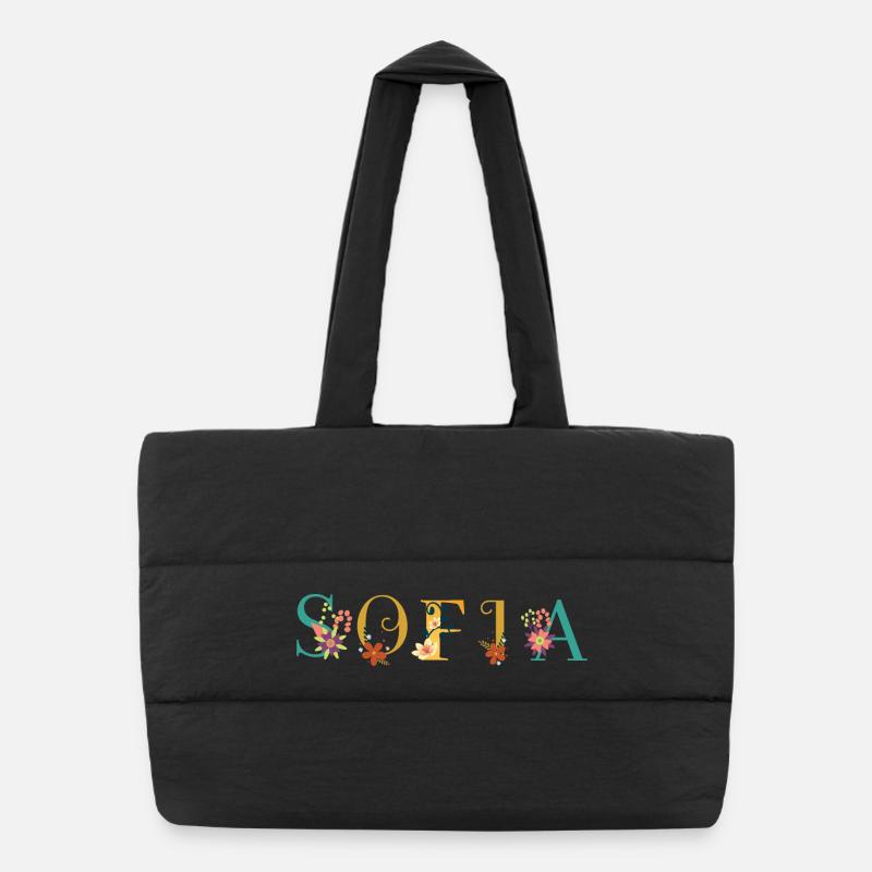 SOFIA Prénom Art avec fleurs brodées - Sac shopping matelassé - noir