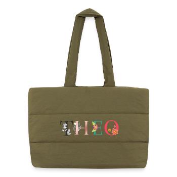 THEO Name Art With Flowers Embroidered - Puffer Shopping Bag - safari green - Front
