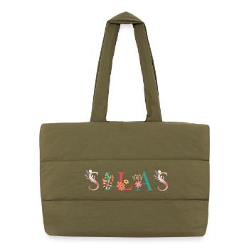 SILAS Namenskunst mit gestickten Blumen - Puffer-Einkaufstasche - safari Green - Vorne