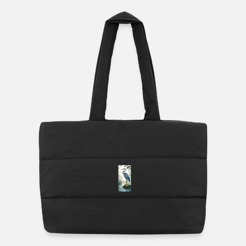 Young grey heron in nature design Puffer Shopping Bag