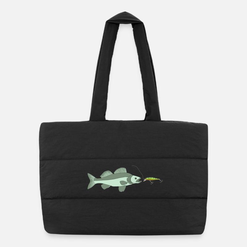 Zander jagt Kunstköder - Puffer-Einkaufstasche - Schwarz