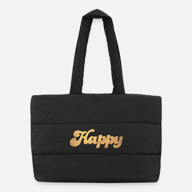 Happy Gold Squiggles Cursive Happiness Quotes Puffer Shopping Bag