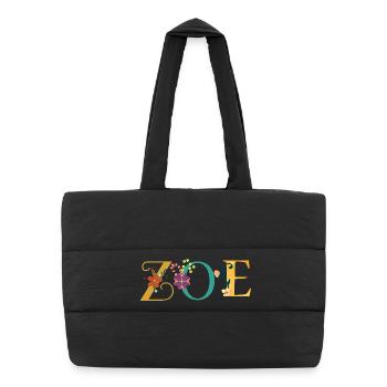 Art du prénom ZOE avec fleurs brodées - Sac shopping matelassé - noir - Devant