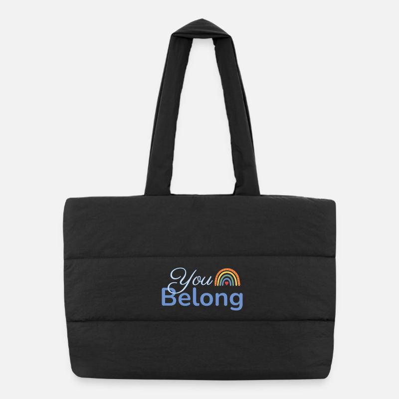 You Belong Rainbow Heart Design Blue Puffer Shopping Bag
