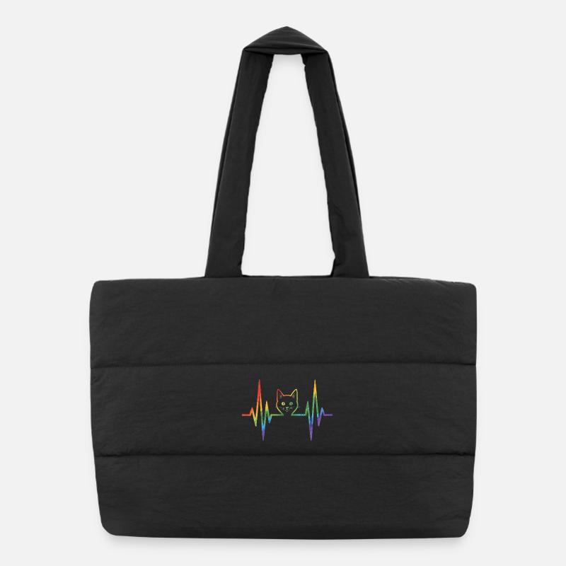 Rainbow cat with pulse heart line Puffer Shopping Bag