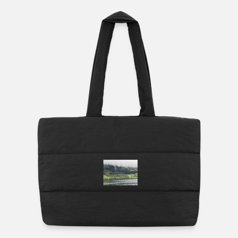 Mystical mountain landscape by the lake Puffer Shopping Bag