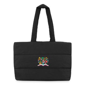 Livre ouvert avec des objets scolaires, apprendre et éduquer - Sac shopping matelassé - noir - Devant