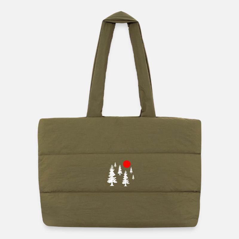Red Sun over White Pine Silhouettes Puffer Shopping Bag