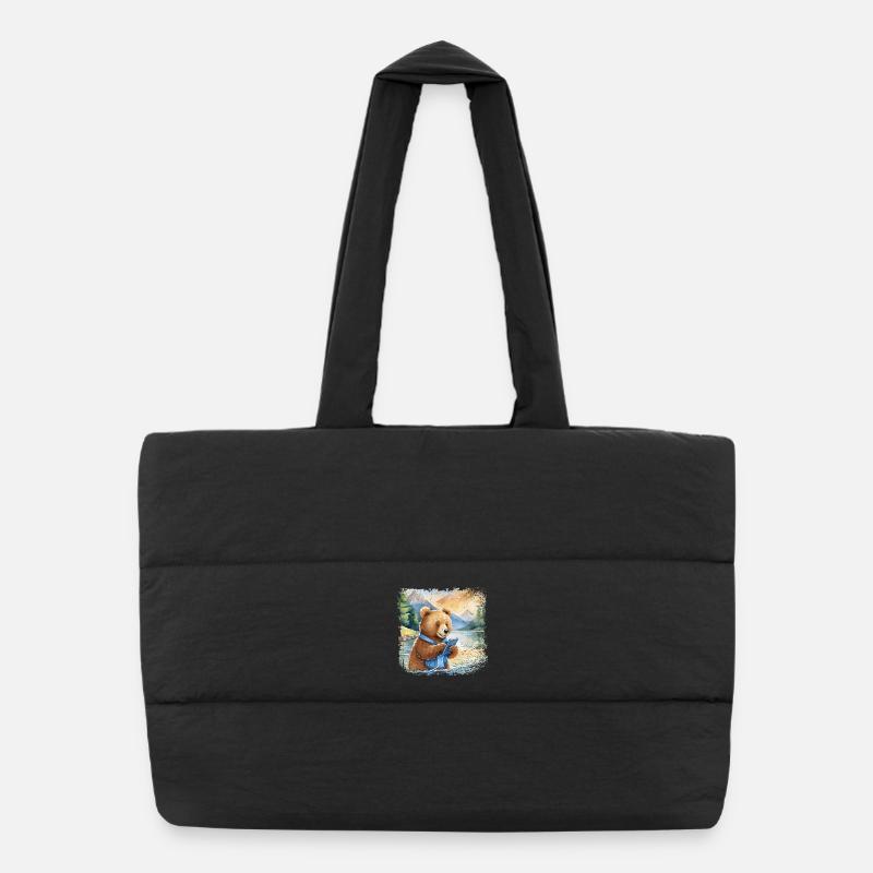 Mignon jeune ours brun avec téléphone portable Sac shopping matelassé