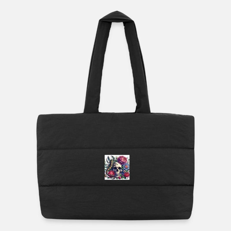Aquarell Totenkopf, Blumen und Skorpion - Puffer-Einkaufstasche - Schwarz