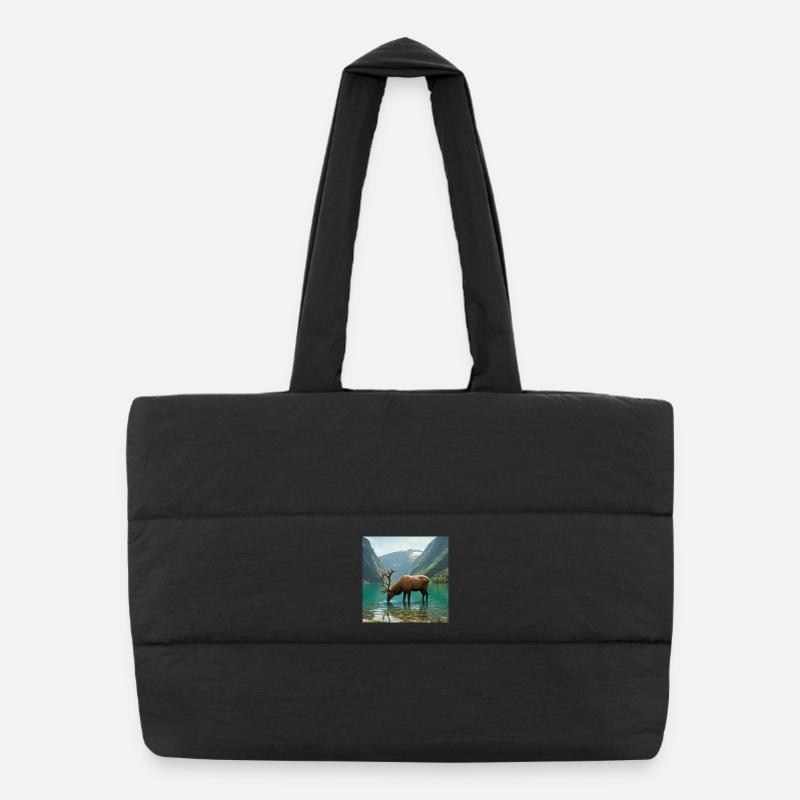 Alpine deer at the quiet lake Puffer Shopping Bag