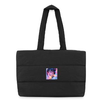 Neon Anime Girl Tokyo Nights Pink Lila Vaporwave - Puffer-Einkaufstasche - Schwarz - Vorne