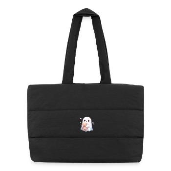 Kawaii Ghost with Teddy Bear and Hearts - Puffer Shopping Bag - black - Front