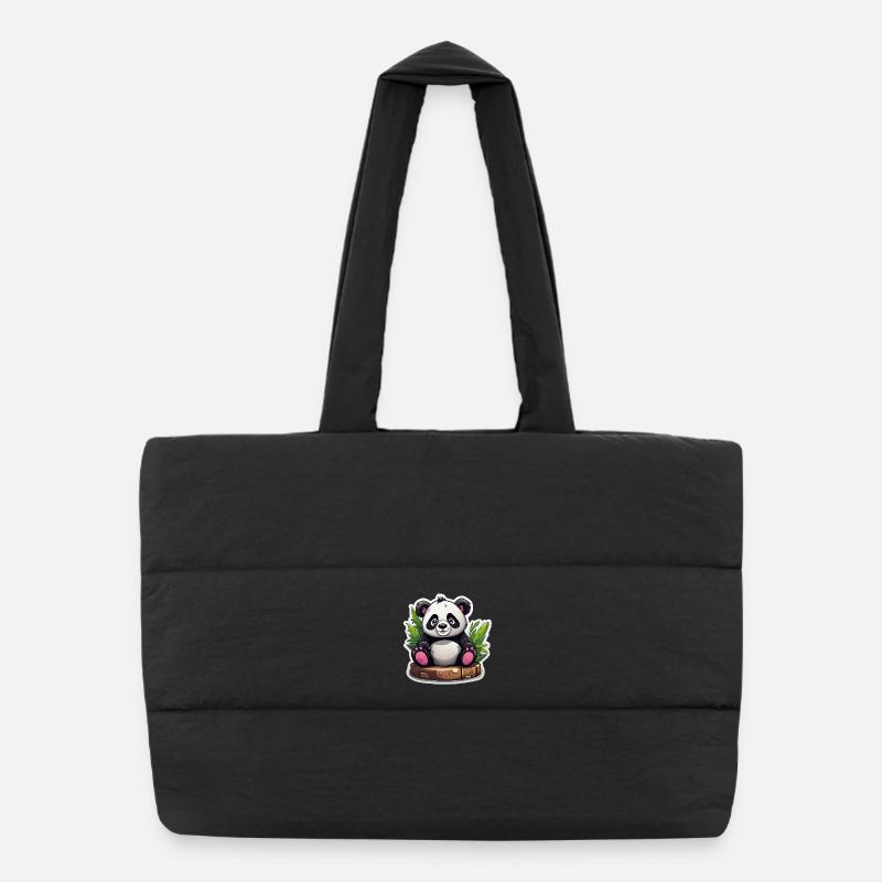Cartoon Panda Sitting On Bamboo - Puffer Shopping Bag - black