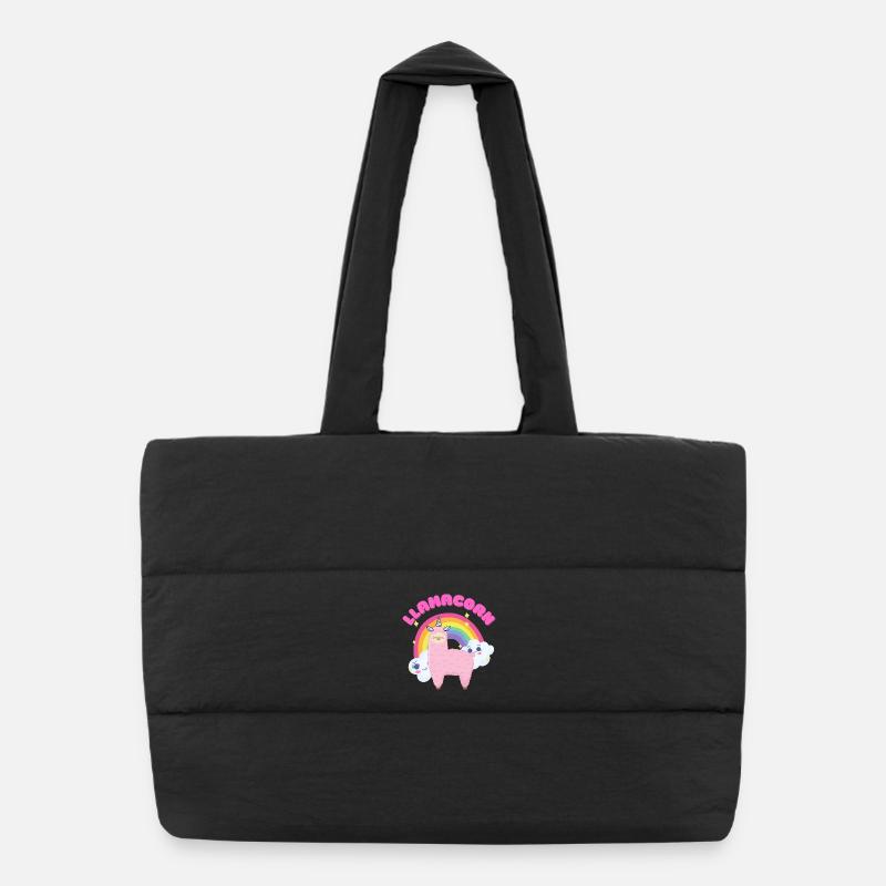 Whimsical Pink Llama with Rainbow - Puffer Shopping Bag - black