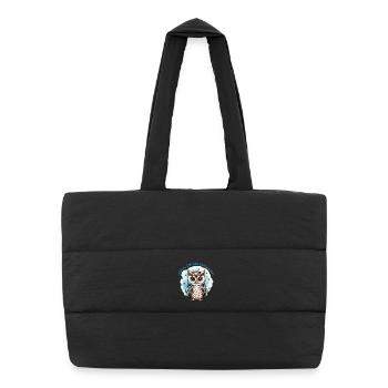 Owl - Flowers - petrol | Hooray, I'm a schoolchild - Puffer Shopping Bag - black - Front