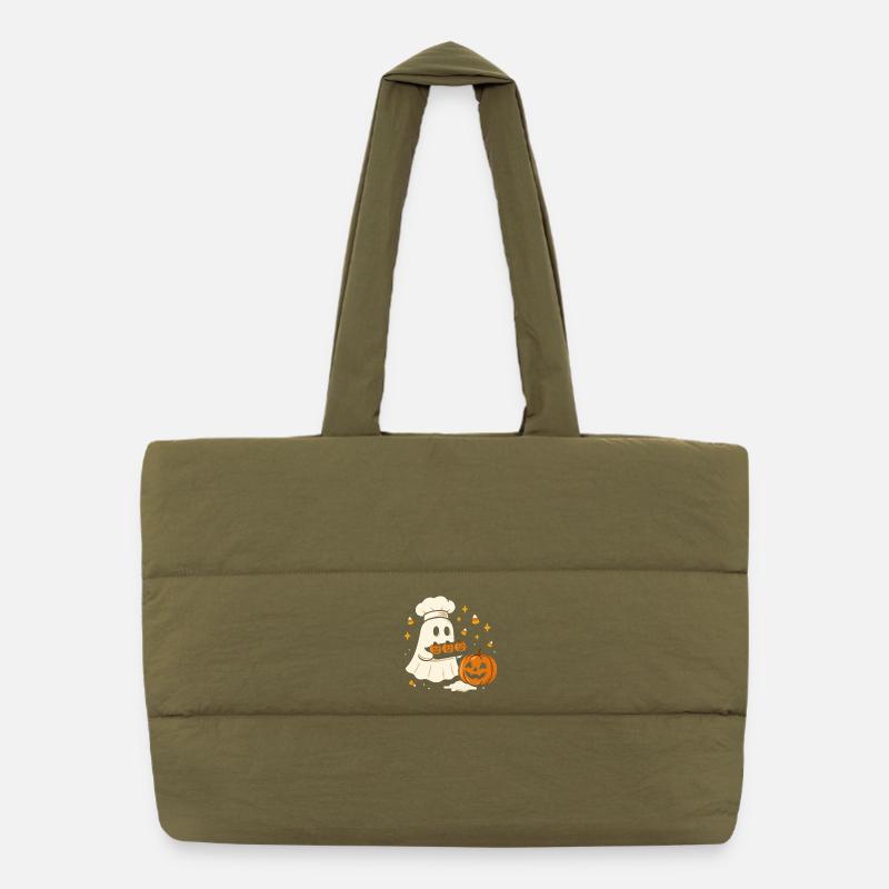Halloween ghost with chef's hat and pumpkin Puffer Shopping Bag