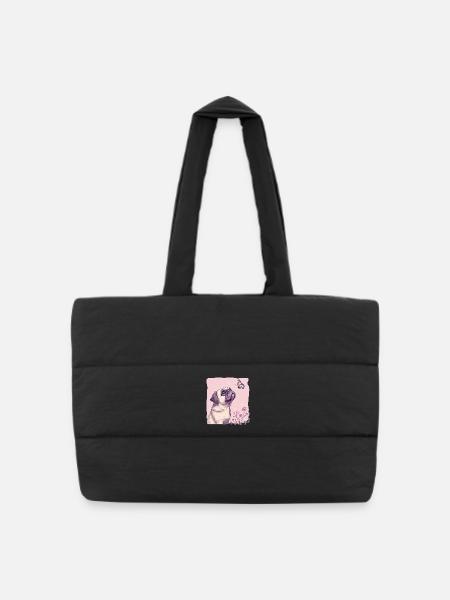 Mops med sommerfugl - Puffer shoppingtaske quiltet design - sort