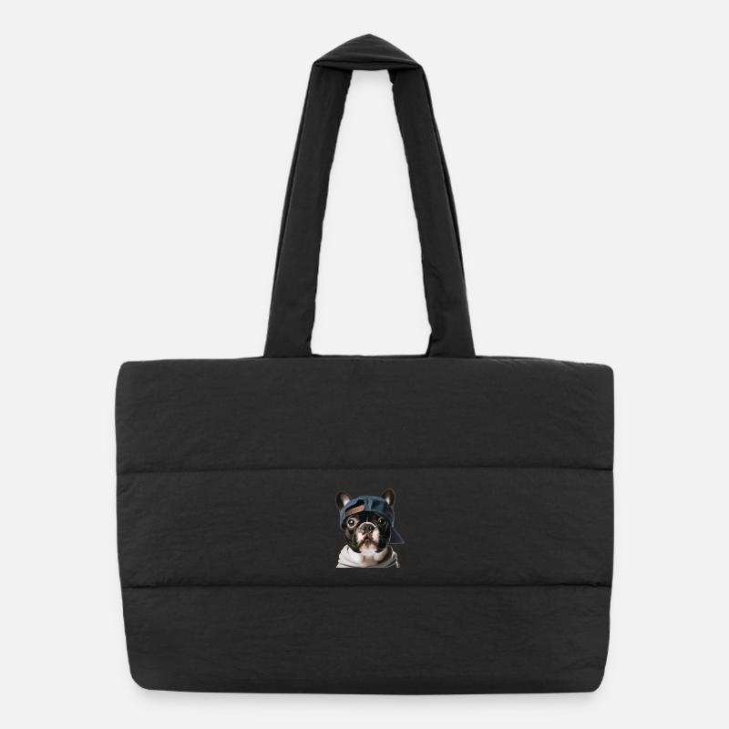 Bouledogue français avec une casquette de baseball. Sac shopping matelassé