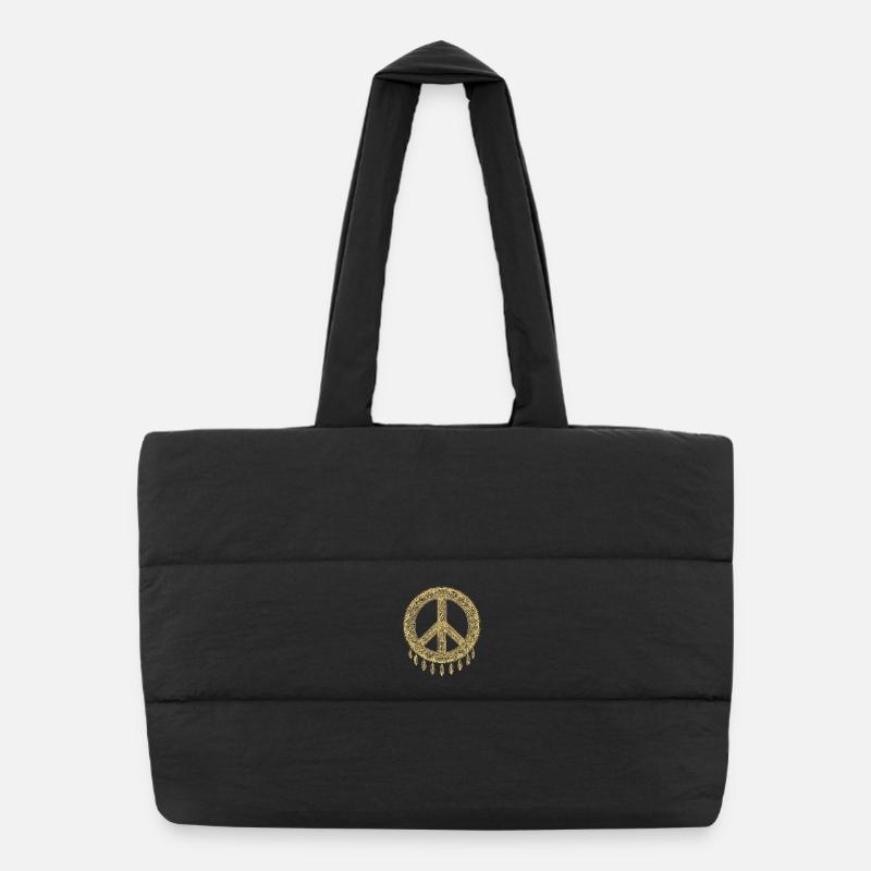 Boho Peace Zeichen mit Federn in Goldoptik Puffer-Einkaufstasche