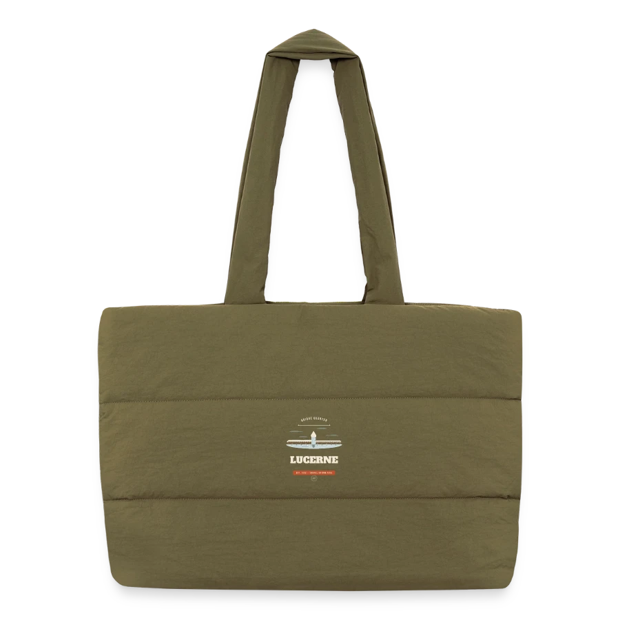 Lucerne badge on a puffer shopping bag, safari green