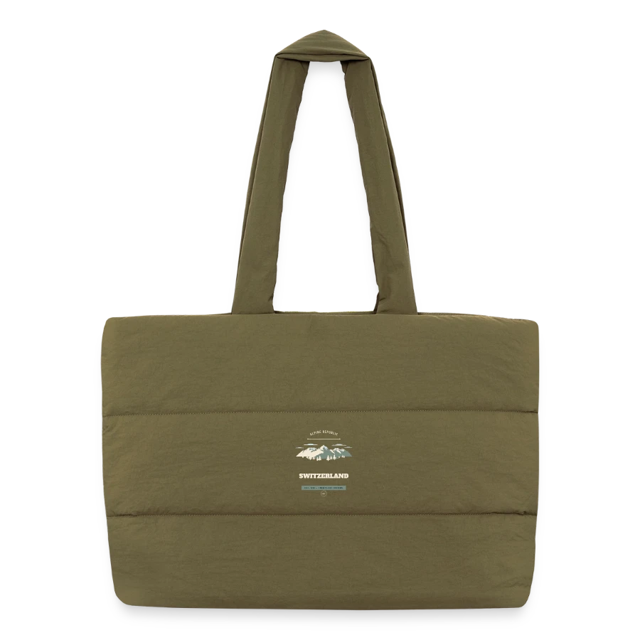 Switzerland badge on a puffer shopping bag, safari green