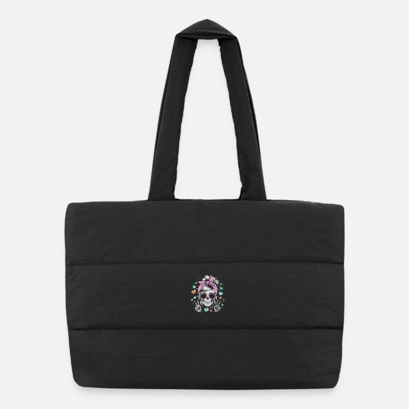Verspieltes Totenkopf-Mädchen mit Herz-Akzenten - Puffer-Einkaufstasche - Schwarz