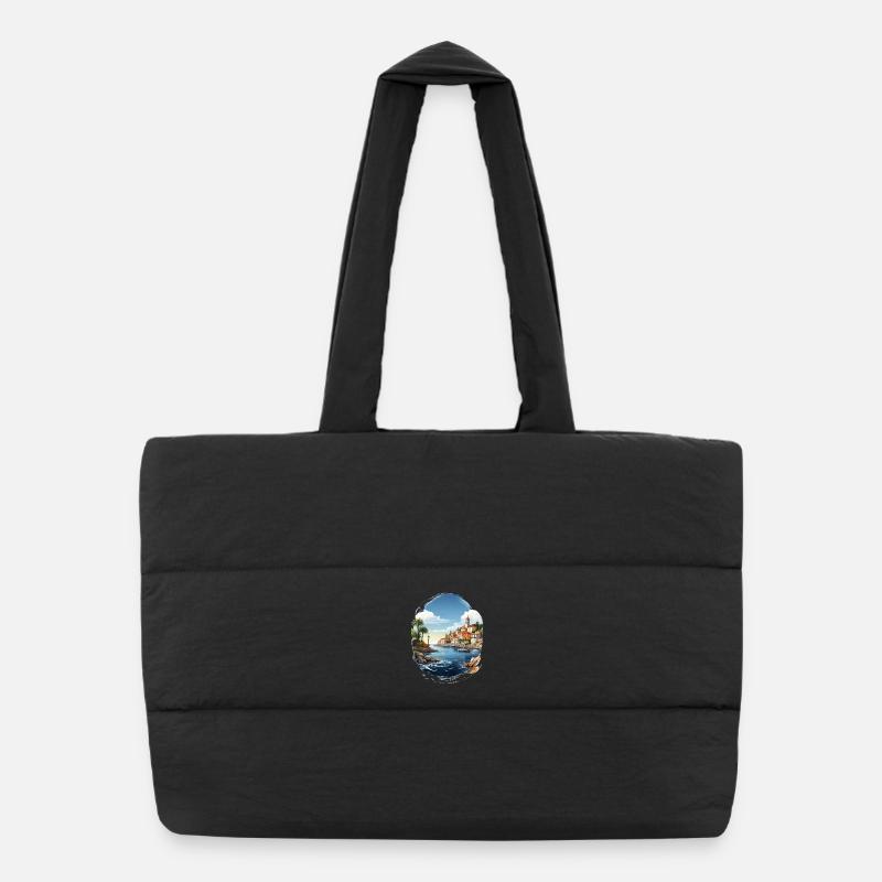 Sea view with coastal town and palm tree Puffer Shopping Bag
