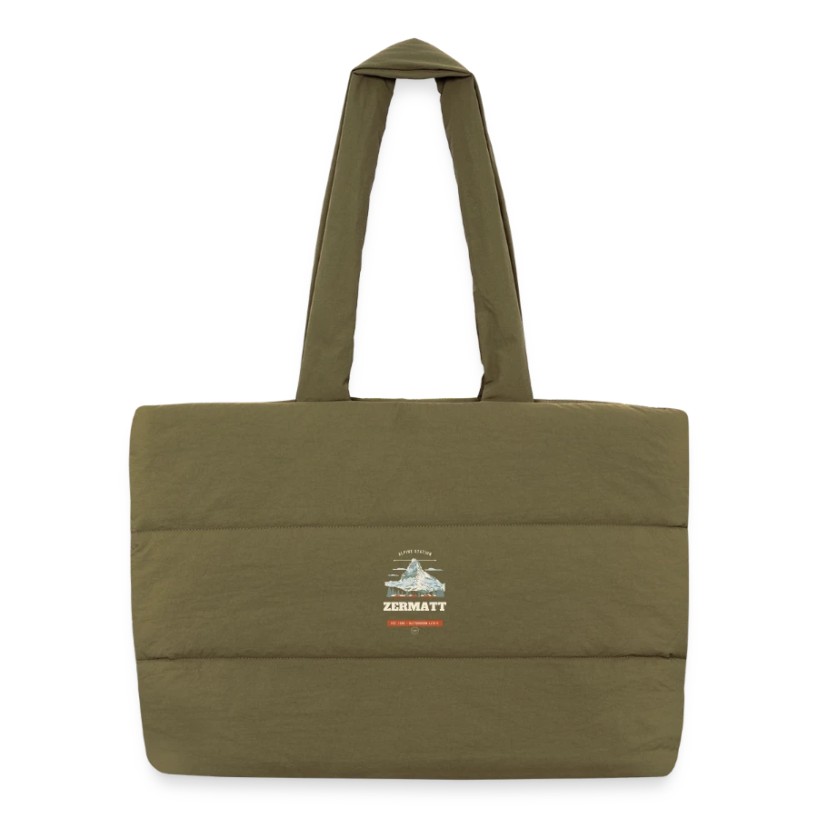 Zermatt badge on a puffer shopping bag, safari green