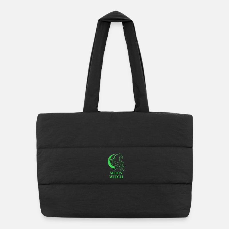 Halloween Moon Witch Silhouette Crescent Moon in Green Puffer Shopping Bag